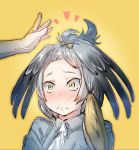  &gt;:( /\/\/\ 1girl ahoge alternate_hairstyle bangs bangs_pinned_back bird_wings black_hair blonde_hair blush bow bow_(bhp) closed_mouth collared_shirt embarrassed feathered_wings forehead frown green_eyes grey_shirt hair_bow hands head_wings kemono_friends low_ponytail medium_hair multicolored_hair necktie nervous nose_blush out_of_frame shirt shoebill_(kemono_friends) short_sleeves silver_hair simple_background solo_focus upper_body v-shaped_eyebrows wavy_mouth white_neckwear wide-eyed wings yellow_background yellow_bow 