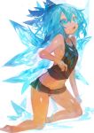  1girl absurdres barefoot black_shorts black_tank_top blue_eyes blue_hair cirno fairy full_body hair_between_eyes highres ice ice_wings kaamin_(mariarose753) open_mouth short_hair shorts simple_background solo tan tank_top tanned_cirno touhou white_background wings 