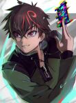  1boy absurdres arupg brown_eyes brown_hair card digimon digimon_card_game digimon_liberator glitch green_shirt highres holding holding_card kazama_shoto male_focus parted_lips red_hair shirt short_hair smile solo trading_card upper_body zipper_pull_tab 