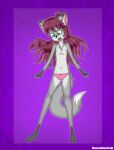  absurd_res accessory anthro blossomblaze canid canine chest_fur clothing fan_character female flat_chested freckles hair hair_accessory hi_res long_hair long_ponytail long_tail looking_at_viewer mammal nipples panties ponytail solo spread_arms spread_legs spreading standing tail underwear 