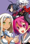  2boys 2girls ahoge almaz_von_almadine_adamant breasts demon_boy demon_girl disgaea eu03 glasses green_eyes horns long_hair makai_senki_disgaea_3 mao_(disgaea) multiple_boys multiple_girls pink_hair pointy_ears raspberyl sapphire_rhodonite smile symbol_in_eye thumbs_up white_hair 