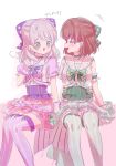  2girls :3 bang_dream! blue_eyes bow breasts brown_hair choker closed_eyes commentary_request dress earrings gloves green_bow green_choker green_dress green_theme grey_hair hair_bow highres holding_hands interlocked_fingers invisible_chair jewelry long_hair medium_breasts meu203 multiple_girls open_mouth pink_background pink_dress puff_of_air puffy_short_sleeves puffy_sleeves purple_bow purple_choker purple_thighhighs short_hair short_sleeves sitting small_breasts star_(symbol) thighhighs two-tone_background wakamiya_eve white_background white_gloves yamato_maya yuri 