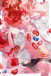  1other androgynous blue_gemstone collarbone colored_eyelashes crystal_hair gem ghost_to_human highres hole_in_chest hole_on_body houseki_no_kuni long_hair one_eye_closed open_clothes open_mouth open_shirt other_focus padparadscha_(houseki_no_kuni) red_eyes red_gemstone red_hair shirt skort solo sparkle very_long_hair wavy_hair yawning yellow_gemstone 