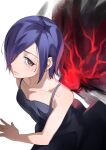  1girl absurdres bare_arms bare_shoulders black_dress breasts closed_mouth collarbone dress hair_over_one_eye highres kagune_(tokyo_ghoul) kirishima_touka pote_to red_eyes red_wings short_hair simple_background small_breasts solo tokyo_ghoul white_background wings 