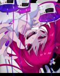  1girl absurdres bangs black_headwear blood blood_bag collarbone fangs floating_hair goma_irasuto hat highres mole mole_under_eye mouth_pull nurse nurse_cap open_hand open_mouth original purple_blood purple_nails red_eyes red_hair solo upside-down v-shaped_eyebrows 