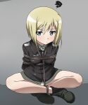  1girl bdsm blonde_hair blush bondage bound breasts closed_mouth erica_hartmann grey_background highres looking_at_viewer military_uniform panties restrained shibari short_hair simple_background small_breasts solo strike_witches tied_up_(nonsexual) tokiani underwear uniform white_panties world_witches_series 
