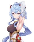  1girl ahoge arm_up armpits blue_hair blue_sleeves breasts chinese_clothes closed_mouth fadill_adelia ganyu_(genshin_impact) genshin_impact highres horns large_breasts long_hair looking_at_viewer orange_eyes ponytail presenting_armpit simple_background solo tareme white_background 
