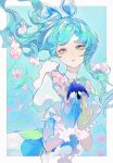  1girl animal bird blue_background blue_bird blue_eyes blue_hair blue_skin blush bow cirrika colored_extremities colored_skin dress eyelashes feathered_wings floating_hair flower frilled_wrist_cuffs frills green_skin hair_bow hair_ornament highres jellyfish leaf long_hair original parted_lips peony_(flower) pink_flower puffy_sleeves rabbit short_sleeves sidelocks turtleneck white_dress white_rabbit_(animal) white_sleeves wind wings wrist_cuffs 