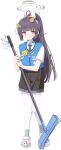  1girl ahoge animal_ears black_hair black_necktie blue_archive bright_pupils closed_mouth collared_shirt crocs employee_uniform fake_animal_ears full_body grey_halo hair_ornament halo holding holding_mop leaf_hair_ornament long_hair looking_at_viewer misyune miyu_(blue_archive) mop necktie official_art pantyhose rabbit_ears red_eyes shirt solo transparent_background uniform white_footwear white_pantyhose white_pupils white_shirt 