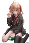  1girl absurdres ahoge bandaid bandaid_on_knee bandaid_on_leg black_cardigan black_shirt black_skirt blonde_hair blush bow cardigan claw_pose commentary evil_neuro-sama fangs hair_between_eyes hair_bow hand_on_animal hand_up heart_pin highres indie_virtual_youtuber long_hair looking_at_viewer nail_polish open_mouth red_bow red_eyes red_nails shirt short_twintails simple_background sitting skirt solo star_pin teeth tongue turtle twintails vedal987 virtual_youtuber wariza white_background yopipu 