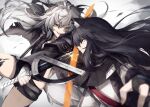  2girls animal_ear_fluff animal_ears ankoro_mochi arknights black_footwear black_gloves black_hair blurry blurry_foreground brown_eyes duel fingerless_gloves floating_hair gloves grey_eyes grey_hair holding holding_sword holding_weapon lappland_(arknights) long_hair long_sleeves material_growth multiple_girls oripathy_lesion_(arknights) short_shorts shorts smile sparks sword sword_clash tail teeth texas_(arknights) torn_clothes upper_teeth_only weapon wolf_ears wolf_tail 
