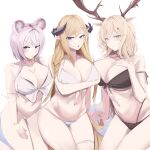  3girls absurdres alternate_costume animal_ears antlers arknights bare_shoulders bikini black_bikini blonde_hair blue_eyes breasts deer_antlers deer_ears deer_girl dkzksp dragon_horns front-tie_bikini_top front-tie_top highres horns korean_commentary large_breasts lin_(arknights) long_hair looking_at_viewer mouse_ears mouse_girl multiple_girls navel pink_hair pointy_ears saileach_(arknights) simple_background stomach swimsuit very_long_hair viviana_(arknights) white_background white_bikini 