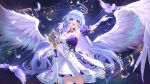  1girl absurdres aqua_eyes arm_up armpits dress gloves halo head_wings highres honkai:_star_rail honkai_(series) lalazyt looking_at_viewer open_mouth purple_dress purple_hair robin_(honkai:_star_rail) smile solo two-tone_dress white_dress white_gloves white_wings wings 