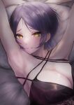  1girl absurdres arms_up bed_sheet black_eyes breasts cleavage close-up commentary_request cross-laced_clothes earrings hayami_kanade highres idolmaster idolmaster_cinderella_girls idolmaster_cinderella_girls_starlight_stage jewelry lingerie lying on_back on_bed short_hair sweat torishu_(kumataka_4867) underwear yellow_eyes 