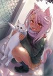  1girl animal animal_ear_fluff animal_ears bangs black_footwear black_legwear blush carbon12th cat cat_ears cat_girl cat_tail chloe_von_einzbern commentary dark_skin english_commentary eyebrows_visible_through_hair fang fate/grand_order fate/kaleid_liner_prisma_illya fate_(series) hair_between_eyes hair_bobbles hair_ornament kemonomimi_mode kneehighs loafers long_hair long_sleeves looking_at_viewer one_side_up open_mouth orange_eyes outdoors pink_hair pleated_skirt scarf shoes skirt smile squatting tail tail_raised 