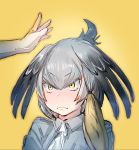  &gt;:( /\/\/\ 1girl ahoge alternate_hairstyle bangs bird_wings black_hair blonde_hair bow bow_(bhp) closed_mouth collared_shirt feathered_wings forehead frown green_eyes grey_shirt hair_bow hands head_wings kemono_friends low_ponytail medium_hair multicolored_hair necktie nervous out_of_frame shirt shoebill_(kemono_friends) short_sleeves silver_hair simple_background solo_focus upper_body v-shaped_eyebrows wavy_mouth white_neckwear wings yellow_background yellow_bow 