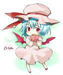  1girl aqua_background bat_wings blue_hair blush_stickers chibi d: dot_nose dress full_body hair_between_eyes hands_up hat legs_apart looking_at_viewer lowres medium_dress mittens mob_cap no_socks ogawa_maiko open_mouth own_hands_together pink_dress pink_hat pink_mittens puffy_short_sleeves puffy_sleeves red_eyes red_wings remilia_scarlet short_hair short_sleeves signature solo touhou w_arms wings 
