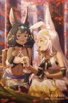  2girls :d animal_ears artist_name bandeau bangs bare_shoulders black_hair blue_eyes blurry blurry_background blurry_foreground blush bowl breasts bunny_ears character_request cleavage collarbone commentary dark_skin day depth_of_field dragalia_lost dress drooling english_commentary eyebrows_visible_through_hair headpiece hentaki highres holding holding_bowl holding_mushroom long_hair medium_breasts multiple_girls mushroom navel open_mouth outdoors profile purple_eyes saliva sarisse_(dragalia_lost) skirt sleeveless sleeveless_dress smile sparkle tree very_long_hair watermark web_address white_bandeau white_dress white_hair white_skirt 