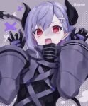  1girl @_@ asymmetrical_bangs black_bodysuit bodysuit commentary_request demon_horns demon_tail gloom_(expression) grey_background hair_ornament hands_up high_collar highres horns indie_virtual_youtuber long_pointy_ears long_sleeves looking_at_viewer medium_hair mimic_(vtuber) nervous_smile nuinuniki open_mouth pointy_ears purple_hair purple_sleeves red_eyes shadow shrug_(clothing) simple_background smile solo tail tearing_up twitter_username upper_body virtual_youtuber x_hair_ornament 