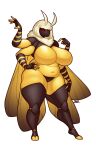  4_arms antennae_(anatomy) anthro arthropod big_breasts black_body blazbaros blonde_hair breasts curvy_figure eyelashes female glistening glistening_breasts hair hand_on_hip hi_res huge_breasts insect insect_wings lepidopteran lepidopteran_wings moth multi_arm multi_limb navel neck_tuft red_eyes solo thick_thighs tuft wide_hips wings yellow_body 