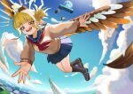  1girl absurdres battle_bus_(fortnite) blonde_hair blue_sailor_collar blue_skirt boku_no_hero_academia brown_cardigan cardigan cloud commission day double_bun falling feathered_wings fortnite hair_bun highres messy_hair neckerchief open_mouth outdoors red_neckerchief sailor_collar second-party_source skirt slit_pupils solo toga_himiko wings yellow_eyes zd_(pixiv6210083) 