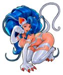  1girl absurdres all_fours animal_ears antenna_hair ass big_hair blue_hair breasts cat_ears cat_tail claws cleavage commentary digitigrade english_commentary fangs felicia_(vampire) fringe_trim fur highres kim_sung_hwan large_breasts lips paw_pose paws red_nails slender_waist slit_pupils solo tail vampire_(game) white_fur 