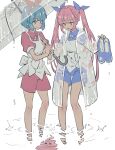  2girls apron blue_eyes blue_hair blue_ribbon blue_romper clenched_teeth coat commentary_request full_body grimace hair_ribbon hairband highres holding holding_shoes holding_umbrella hood hood_down hooded_coat long_sleeves looking_down multiple_girls omega_rei omega_rio omega_sisters open_clothes open_coat open_mouth parted_lips pink_hair puffy_short_sleeves puffy_sleeves red_hairband red_ribbon red_romper reflection reflective_water ribbon romper shoes short_hair short_sleeves siblings simple_background sisters standing tamo_(gaikogaigaiko) teeth transparent transparent_raincoat transparent_umbrella twintails umbrella virtual_youtuber wading water wet wet_clothes white_apron white_background yellow_eyes 