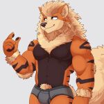  anthro arcanine bezzeroo biceps boxer_briefs boxer_briefs_only brown_body brown_fur bulge clothed clothing fur generation_1_pokemon hair hi_res male mane multicolored_body multicolored_fur muscular muscular_anthro muscular_male nintendo orange_body orange_eyes orange_fur pecs pokemon pokemon_(species) pubes simple_background smile solo standing topless underwear underwear_only 