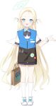 1girl angel_wings bag black_bow black_bowtie blonde_hair blue_archive blue_eyes blue_halo blush bow bowtie collared_shirt employee_uniform full_body halo holding holding_bag long_hair looking_at_viewer misyune official_art open_mouth shirt shoes short_sleeves smile socks solo sora_(blue_archive) transparent_background two_side_up uniform white_footwear white_shirt white_socks white_wings wings 