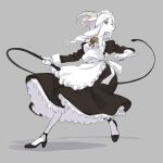  1girl alternate_costume animal_ears apron bell black_dress dress enmaided frilled_apron frills goat_ears goat_girl goat_horns grey_background high_heels highres horizontal_pupils horns kikurage_(crayon_arts) long_sleeves maid maid_apron maid_headdress neck_bell original puffy_sleeves simple_background solo waist_apron whip white_apron white_hair wrist_cuffs 