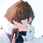  1boy black_shirt blue_eyes brown_hair card coat fk_0046 glint grey_background holding holding_card kaiba_seto medium_hair shirt solo trading_card upper_body white_coat yu-gi-oh! yu-gi-oh!_duel_monsters 