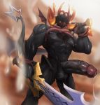  anthro balls biceps big_penis black_body blush bodily_fluids cum dark_inferno genital_fluids genitals heart_marking heartless humanoid_genitalia humanoid_hands humanoid_penis kingdom_hearts male melee_weapon muscular muscular_anthro muscular_male muscular_thighs orange_spikes pecs penis small_wings solo spiked_tail spikes spikes_(anatomy) square_enix steam sword vein veiny_penis video_games vinnyboi weapon wings yellow_eyes 
