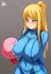  1girl 1other blonde_hair blue_bodysuit blush bodysuit breasts covered_collarbone covered_navel eyebrows_visible_through_hair green_eyes highres impossible_bodysuit impossible_clothes jmg kirby kirby_(series) large_breasts long_hair metroid mole mole_under_eye ponytail samus_aran sidelocks skin_tight super_smash_bros. sweatdrop zero_suit 