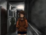  1girl asymmetrical_hair brown_eyes brown_hair ccnaov closed_mouth hair_ornament hairclip highres iwakura_lain jacket looking_at_viewer serial_experiments_lain short_hair skirt solo x_hair_ornament 