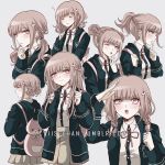  1girl alternate_hair_length alternate_hairstyle backpack bag bangs black_jacket blush braid breasts brown_skirt cat_bag closed_eyes collared_shirt criis-chan danganronpa double_bun from_side grey_background hair_ornament hairclip half-closed_eye hand_up hood jacket light_brown_hair long_hair long_sleeves looking_at_viewer low_twintails nanami_chiaki neck_ribbon one_eye_closed open_mouth pink_bag pink_ribbon ponytail ribbon school_uniform shirt shirt_tucked_in short_hair simple_background skirt sleeping super_danganronpa_2 symbol_commentary twintails upper_body upper_teeth white_shirt yawning zzz 