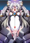  1girl android blindfold breasts clothed_sex cum cum_in_pussy cum_inflation elsword eve_(elsword) highres inflation machinery restrained skindentation small_breasts solo steelycross thighs tongue tongue_out vaginal 