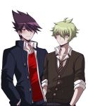  2boys alternate_costume amami_rantarou antenna_hair bangs black_jacket black_pants brown_pants closed_mouth collarbone collared_shirt commentary criis-chan danganronpa diagonal-striped_neckwear diagonal_stripes english_commentary facial_hair goatee green_eyes green_hair hair_between_eyes hands_in_pockets jacket looking_at_another looking_at_viewer male_focus momota_kaito multiple_boys necktie new_danganronpa_v3 open_clothes open_collar open_jacket pants purple_eyes red_shirt school_uniform shirt simple_background sleeves_rolled_up spiked_hair striped striped_neckwear upper_body white_shirt 