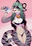  5_fingers anthro breasts clothed clothing collar digital_media_(artwork) eyebrows eyelashes felid feline female fingers fur green_hair hair hi_res mammal midriff navel savemekitty sitting smile solo striped_body striped_fur stripes 