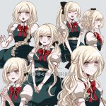 1girl :d alternate_hair_length alternate_hairstyle bangs belt black_bow blonde_hair blush bow bowtie bracelet braid breasts closed_eyes criis-chan danganronpa dress from_side gem green_dress grey_background hair_bow jewelry long_hair looking_at_viewer medium_breasts multiple_views open_mouth own_hands_together ponytail puffy_short_sleeves puffy_sleeves red_bow red_neckwear short_hair short_sleeves simple_background smile sonia_nevermind super_danganronpa_2 symbol_commentary tears twintails twitter_username v_arms white_belt 