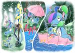  !? afloat blue_eyes blush closed_eyes closed_mouth commentary_request drizzile flying_sweatdrops gen_8_pokemon grass heart holding holding_umbrella holster inteleon musical_note open_mouth pokemon pokemon_(creature) salute smile sobble sparkle standing takigawageenito tongue tree umbrella water yellow_eyes 