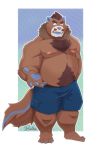  2020 absurd_res anthro baw0sox belly bottomwear brown_body brown_fur canid canine canis clothing fur hi_res humanoid_hands hybrid male mammal moobs nipples one_eye_closed overweight overweight_anthro overweight_male shorts solo ursid wink wolf 