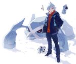  1boy alternate_costume aron backpack bag bangs beldum black_pants blue_jacket blush breath commentary_request gen_3_pokemon gloves highres jacket long_sleeves looking_to_the_side male_focus metagross open_mouth pants pokemon pokemon_(creature) pokemon_(game) pokemon_rse shoes signature snow spiked_hair standing steven_stone translation_request xia_(ryugo) 