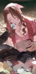  1boy 1girl aerith_gainsborough armor black_gloves black_hair blurry blurry_background breasts brown_hair cleavage closed_eyes collarbone crisis_core_final_fantasy_vii final_fantasy final_fantasy_vii flower flower_bed gloves highres holding holding_flower holy_pumpkin medium_hair pauldrons pink_flower pink_ribbon red_flower ribbon scar scratches shoulder_armor smile tied_hair white_flower yellow_flower zack_fair 