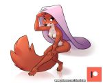  2019 absurd_res anthro breasts canid canine clothing disney female fluffy fluffy_tail fox full-length_portrait headgear headgear_only headwear headwear_only hi_res looking_at_viewer maid_marian mammal mostly_nude nipples portrait robin_hood_(disney) simple_background siroc sitting smile solo white_background 