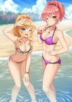  2girls ;d armpits beach bikini blonde_hair blue_eyes blush breasts cleavage commission covering day grin groin hair_between_eyes hand_on_hip hand_on_own_knee hand_up highres idolmaster idolmaster_cinderella_girls jewelry jougasaki_mika kurisu-kun leaning_forward long_hair looking_at_viewer medium_breasts midriff multiple_girls nail_polish navel necklace ocean one_eye_closed ootsuki_yui open_mouth outdoors palm_tree pink_hair pink_nails ponytail purple_bikini rainbow_bikini smile swimsuit tree upper_teeth v_over_mouth wading yellow_eyes 