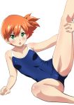  1girl bangs bare_arms blush body_blush cameltoe canghai_yang collarbone commentary covered_navel eyebrows_visible_through_hair green_eyes hair_between_eyes hair_tie leg_hold looking_at_viewer misty_(pokemon) open_mouth orange_hair pokemon school_swimsuit shiny shiny_skin short_hair solo spread_legs swimsuit tied_hair tongue white_background 