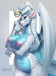  2020 anthro aomori areola blue_eyes breasts clothed clothing digital_media_(artwork) dragon eyebrows eyelashes female genitals horn membrane_(anatomy) membranous_wings nipples non-mammal_breasts pussy scales scalie smile solo standing western_dragon white_body white_scales wings 