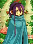  1girl android blue_cloak cloak hair_between_eyes kazushiban lowres medium_hair olympia outdoors purple_hair pyro_jack sekaiju_no_meikyuu sekaiju_no_meikyuu_3 solo wall yellow_eyes 