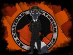  anthro bad_guy_cafe brown_eyes canid canine clothing creepson flag fox fur grey_body grey_fur hi_res male mammal military_uniform red_fox silver_fox solo uniform ziegelzeig 