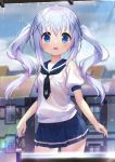  1girl bangs blue_eyes blue_hair blue_skirt blush bra bra_through_clothes eyebrows_visible_through_hair gochuumon_wa_usagi_desu_ka? hair_between_eyes hair_ornament hairclip highres kafuu_chino long_hair looking_at_viewer open_mouth outdoors rain shirt skirt smile solo taku_michi twintails underwear very_long_hair wet wet_clothes wet_hair wet_shirt white_shirt x_hair_ornament 